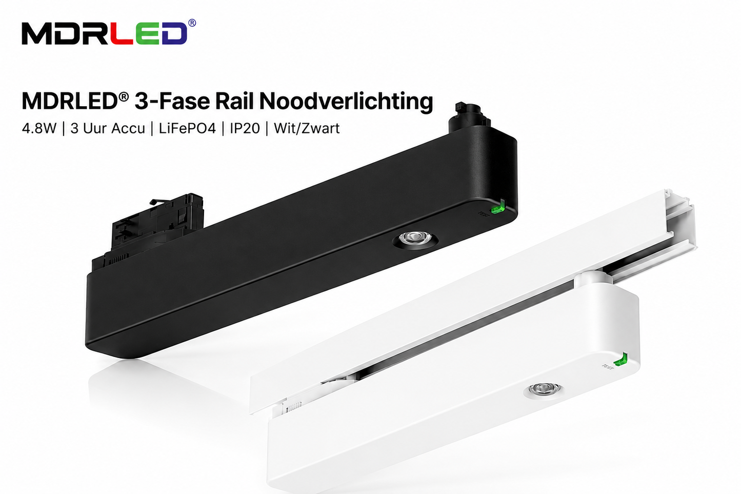 MDRLED® 3-Fase Rail Noodverlichting 4.8W | 3 Uur Accu | LiFePO4 | IP20 | Wit/Zwart