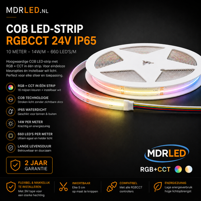 RGBCCT COB LED Strip 24V IP65 10M 14W/M Dimbaar MDRLED®