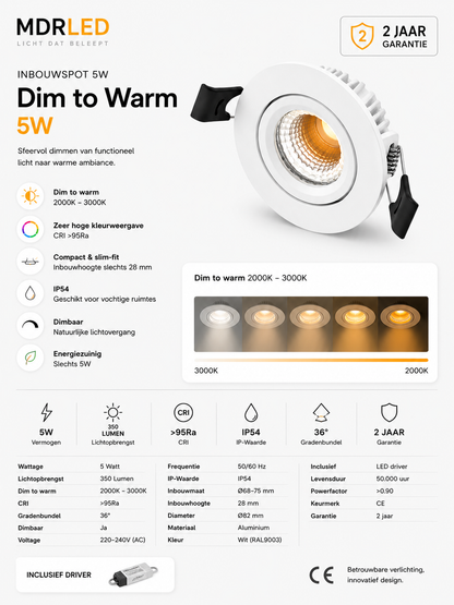 Inbouwspot 5W Dim to Warm Wit IP54 MDRLED