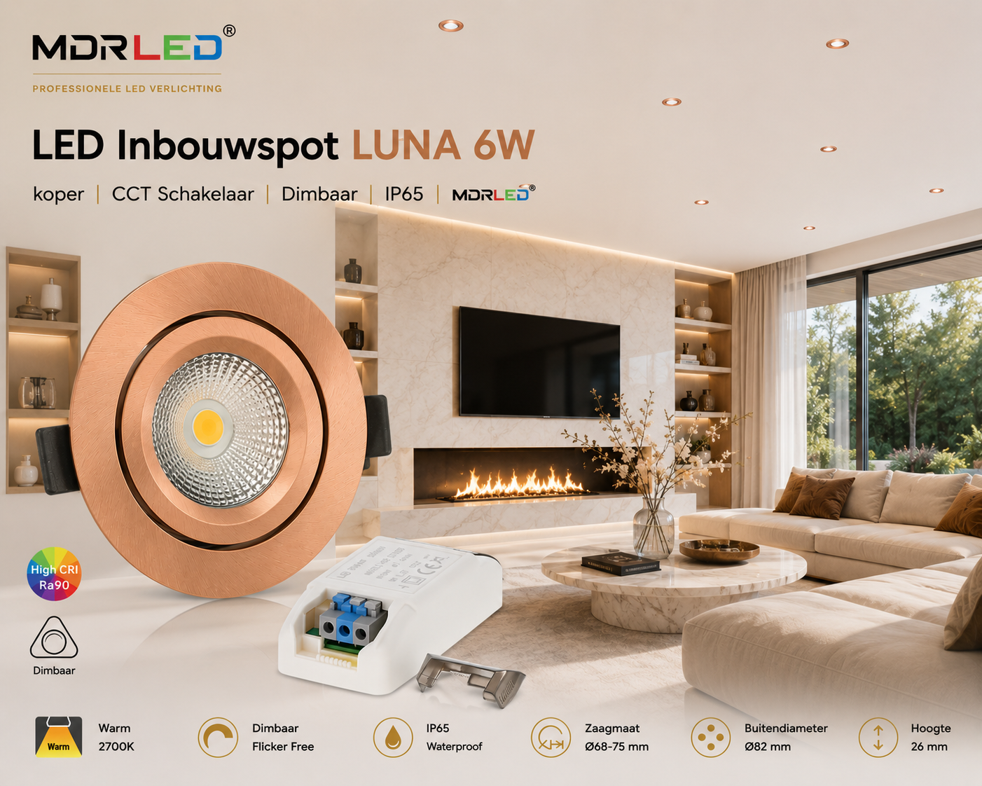 LED Inbouwspot LUNA 6W | Koperbrons | Dimbaar | IP44 | 2700K | MDRLED®
