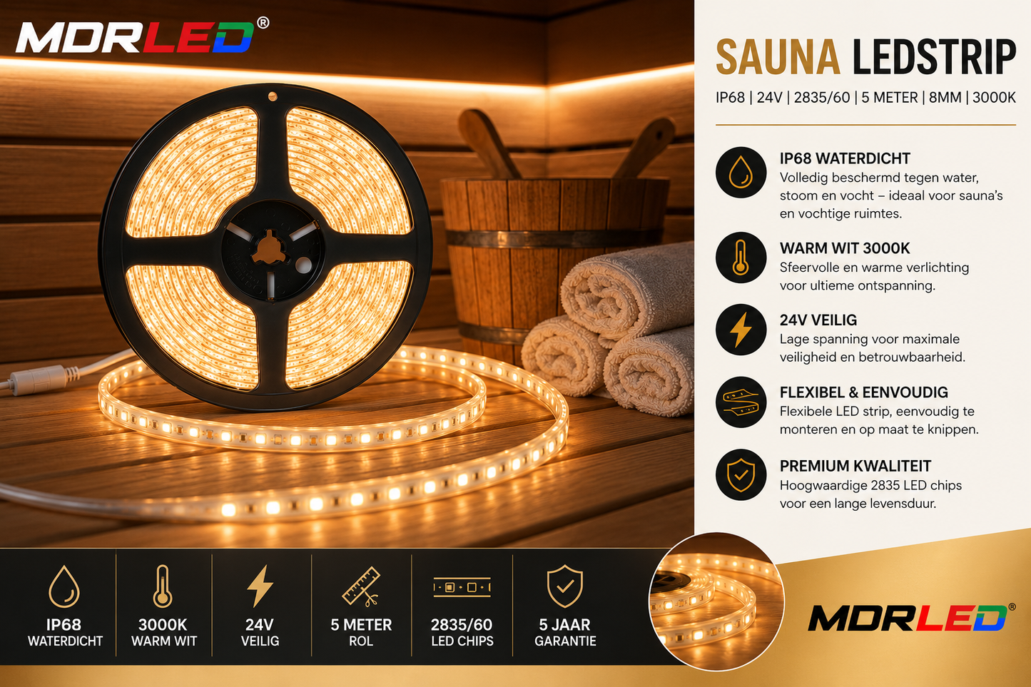 Sauna LED Strip IP68 | 24V | 5M | 3000K | 10W/m | Opruiming | MDRLED Premium