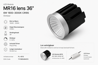 LED Module MR16 6W | Dim to Warm 1800-3000K | CRI95 | 36° | Dimbaar | Incl. Driver | MDRLED®