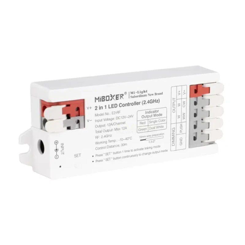 Kontroler LED MiBoxer 2,4 GHz 2 w 1 jednokolorowy podwójny biały 12 24 V sterowanie E2-RF MDRLED®